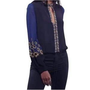 FREE PEOPLE Elegant Black and Blue Embroidered Boho Women's Sheer Top size Small